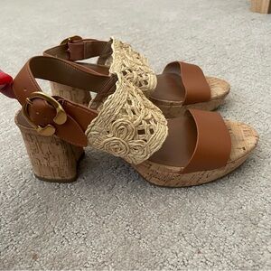 AEROSOLES Brown and Cream Wedge Sandals with Crochet Detail